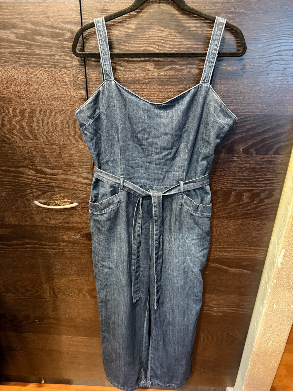 PAIGE Indigo Denim Soft Chambray Jumpsuit with Waist Tie